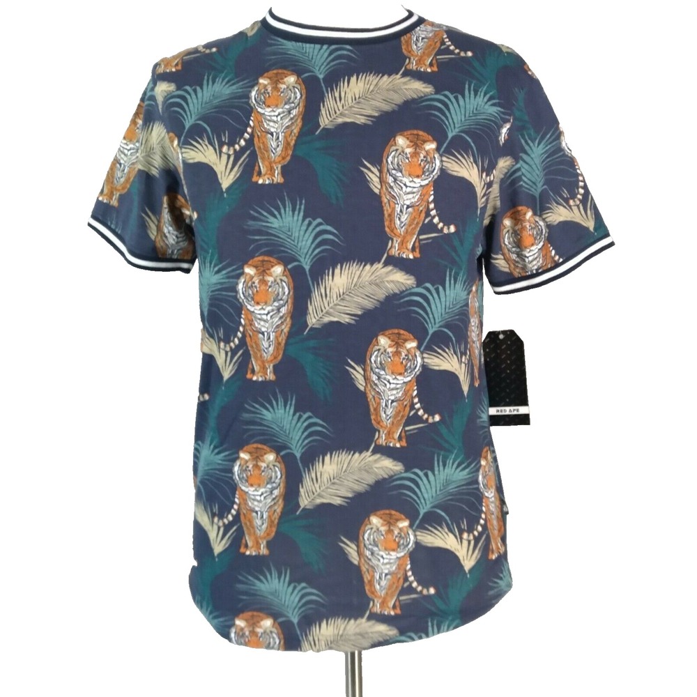 Red Ape T-Shirt Men Large Blue Tiger All Over Print Short Sleeve Crew Neck NEW